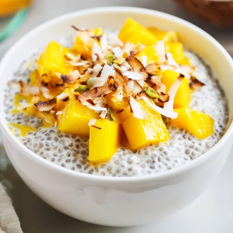 Close-up of chilled Mango Coconut Chia Pudding: a vegan dessert with vibrant mango and coconut flavors.