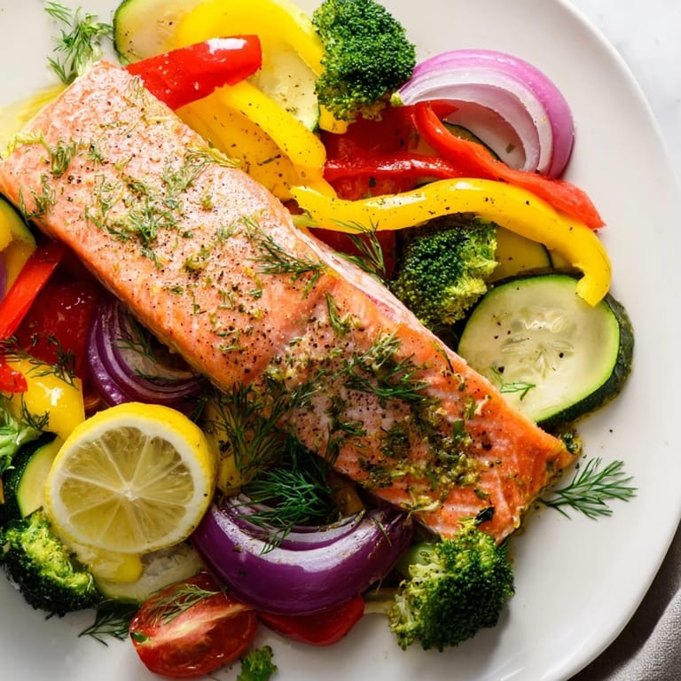 Perfectly cooked salmon sheet pan bake featuring juicy salmon alongside tender, roasted bell peppers and zucchini.