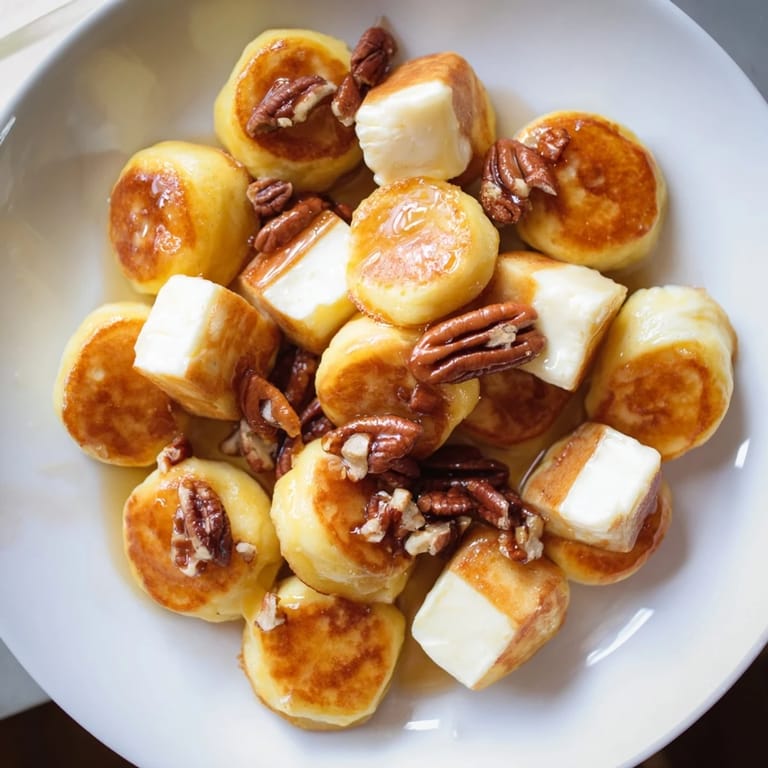 Mini muffin tin filled with perfectly baked Pancake Brie Bites, offering a delicious cheese-filled treat.