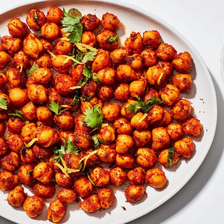 Close-up of freshly made Harissa Chickpea Roast, offering a flavorful, smoky, vegan delight.