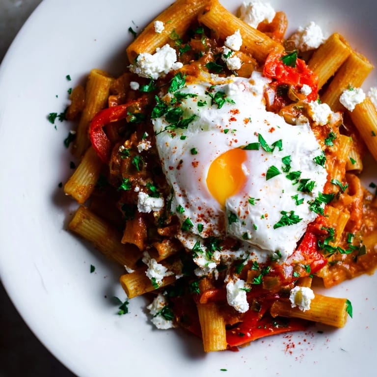 This Shakshuka Baked Pasta features a golden, bubbly top with bright green herbs, ready to serve hot.
