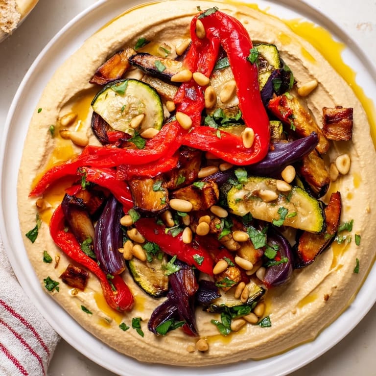 Flavorful hummus roasted veggies with perfectly roasted vegetables, sprinkled with toasted pine nuts, ready to eat.