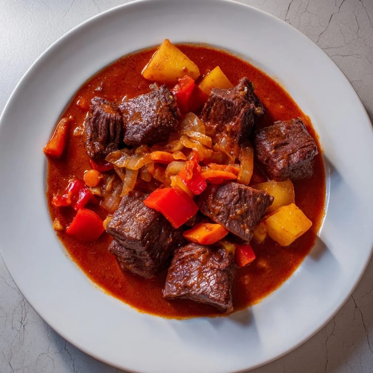 This photo features warm, comforting Hungarian Goulash, perfect for a cozy dinner or lunch.