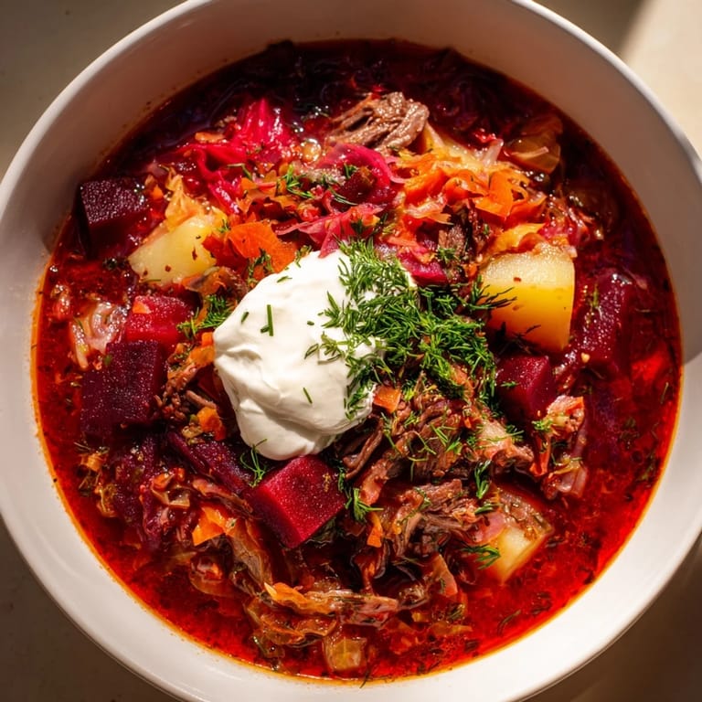 Close-up of hearty Ukrainian Borscht, showing tender beef and colorful vegetables, ready to enjoy.