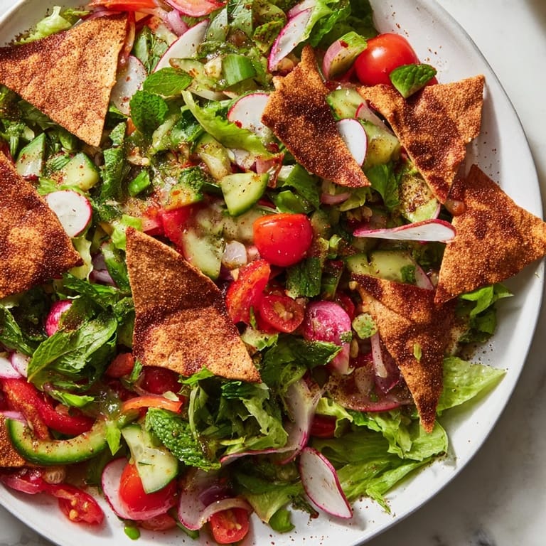 A close-up of a refreshing Fattoush Crunch Salad with crispy pita, herbs, and bright, flavorful ingredients.
