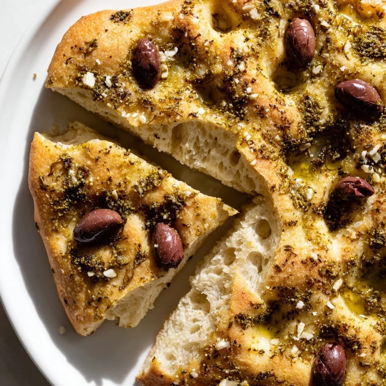 Warm, dimpled Zaatar Olive Focaccia, infused with zaatar, with Kalamata olives and flake salt on top.