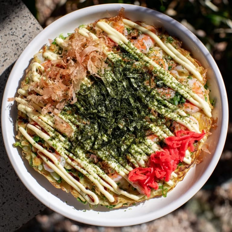 Savory Japanese Okonomiyaki, a fluffy cabbage pancake, drizzled with tangy sauce and creamy mayo, enticing texture.