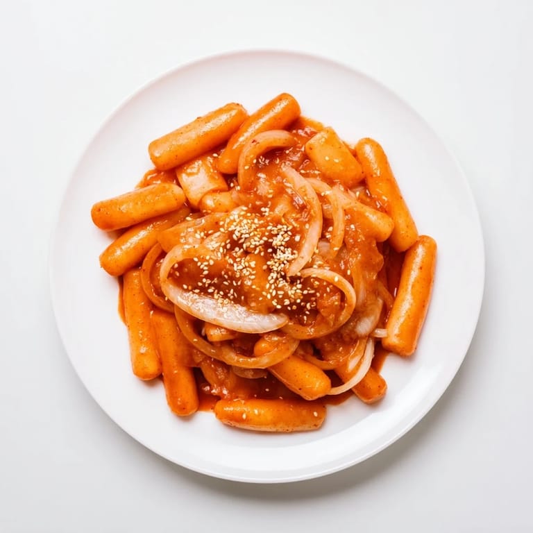 Savory Korean Tteokbokki, a comforting street food, served piping-hot and garnished with fresh green onions.