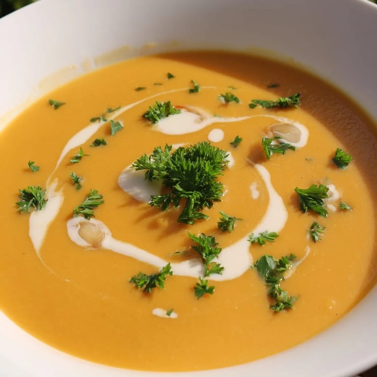 A warm bowl of carrot-based creamy soup, swirling with cream, perfect for a cozy dinner.