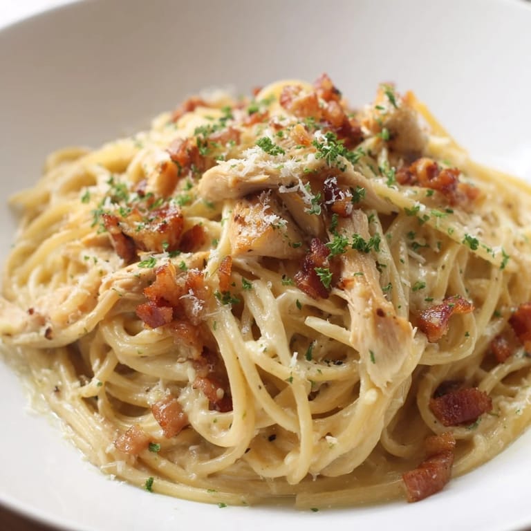 Close-up of rich Chicken Carbonara, perfectly coated pasta, and topped with grated Parmesan and parsley.