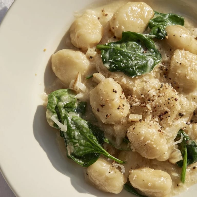 A close-up of creamy garlic gnocchi; tender gnocchi coated in a rich, garlic cream sauce, ready to eat.
