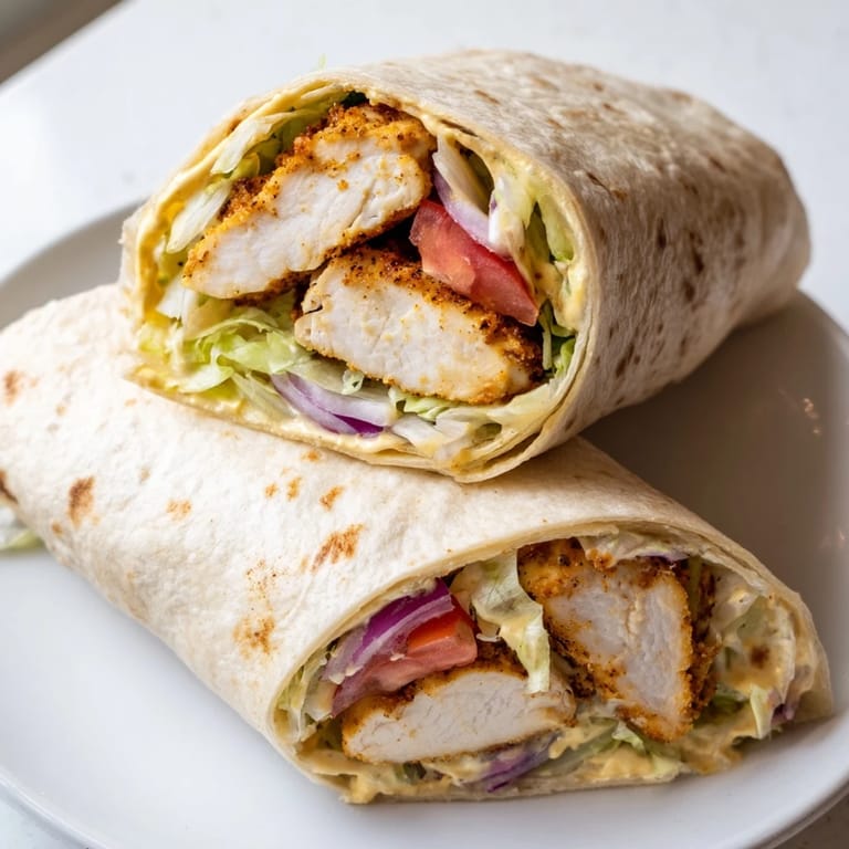 Savory honey mustard chicken wrap with crisp lettuce and tomato, ideal for a quick meal.