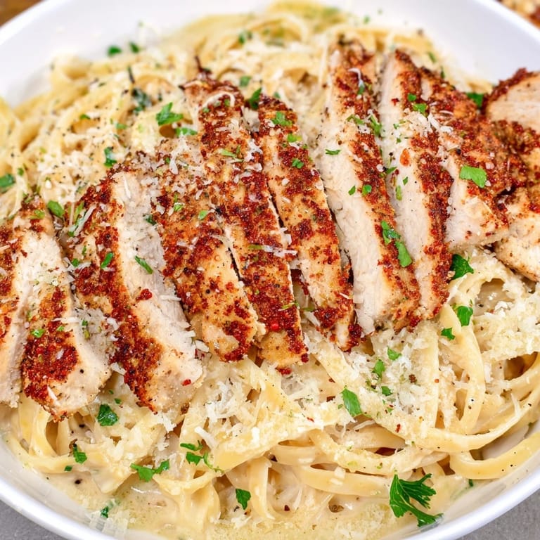A steaming bowl of Cajun Chicken Alfredo, featuring savory chicken on a bed of rich, cheesy pasta.