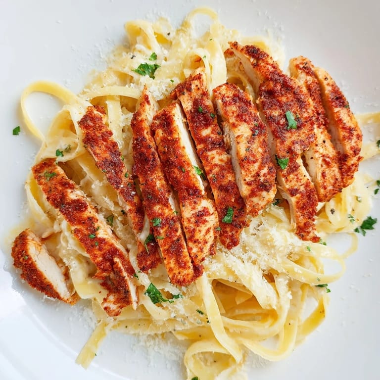 Delicious Cajun Chicken Alfredo: Sliced chicken nestled in creamy Alfredo, ready for a satisfying dinner.