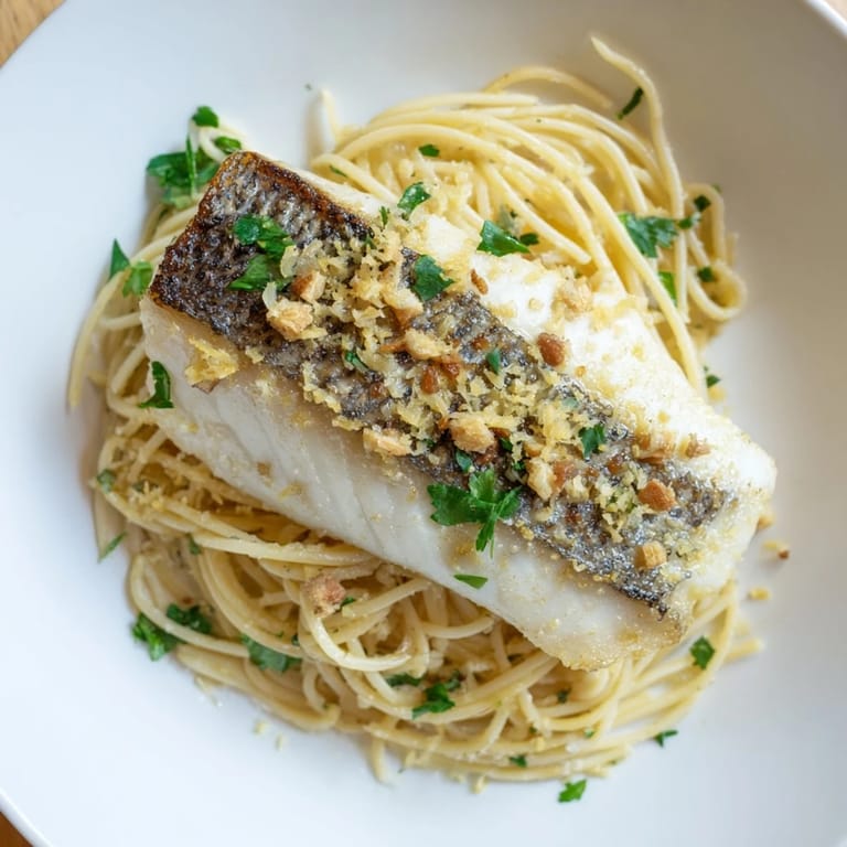 Delectable Lemon Bass Pasta: This dish has a vibrant lemon-butter sauce and flaky white fish, ready to serve.