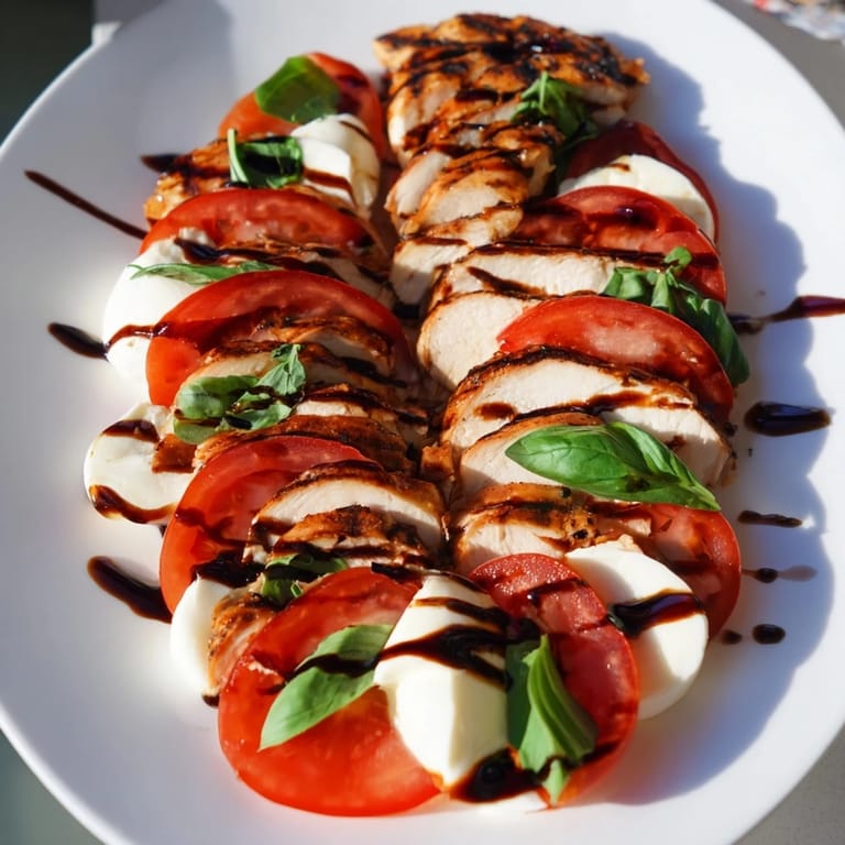 A close-up shot of a flavorful chicken caprese salad, ready to enjoy with a fresh balsamic drizzle.