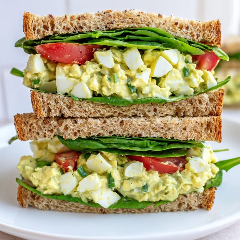 Perfect picnic-style avocado egg salad sandwich, layered with spinach and ready to be enjoyed.