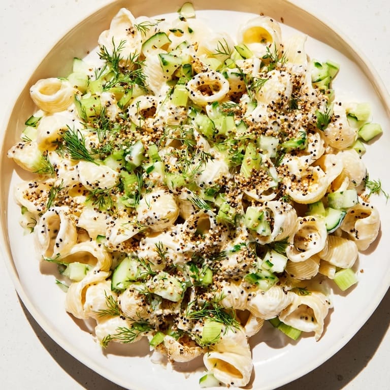 This creamy Cucumber Crunch Pasta Salad features tender pasta shells with a zesty dressing and fresh dill.