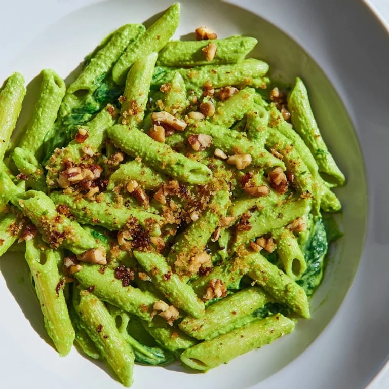 Vibrant plate of Creamy Spinach Walnut Pasta, creamy and delicious, a vegan Italian dinner.