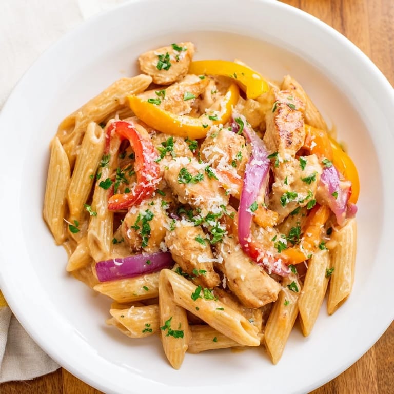 A delicious bowl of Creamy Cajun Chicken Pasta Lite, perfectly plated with a parsley garnish.