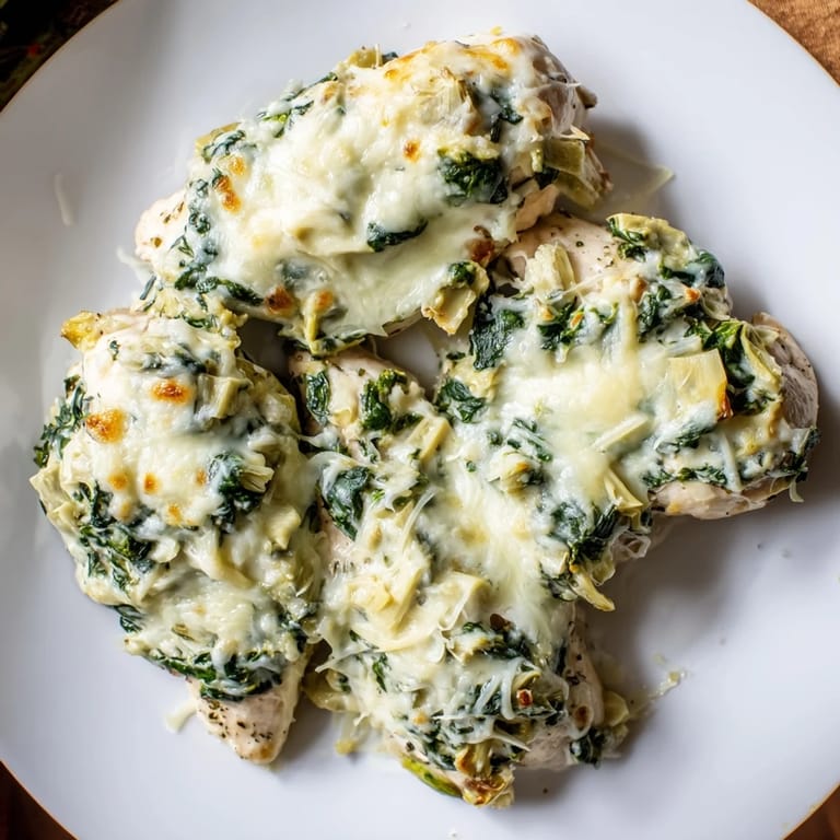 A close-up of a cheesy Spinach and Artichoke Chicken Bake—a comforting, delicious weeknight meal.