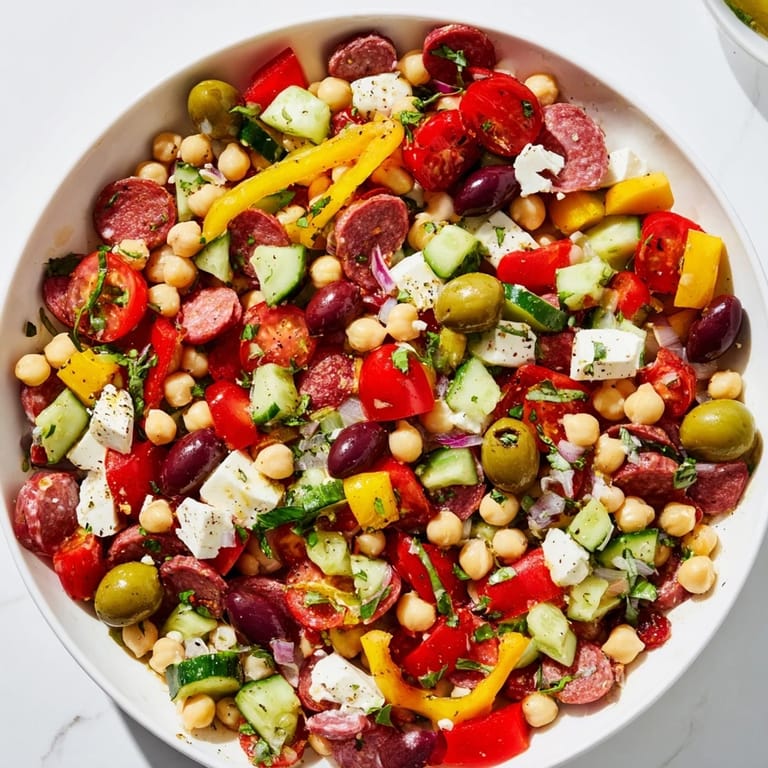 Bright and appetizing, this Crunchy Antipasto Chopped Salad includes hearty chickpeas, salami and fresh herbs, ready to serve.