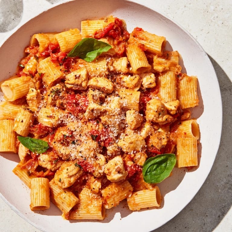 Bright, flavorful Tomato Basil Chicken Pasta, perfectly plated and ready to be enjoyed.
