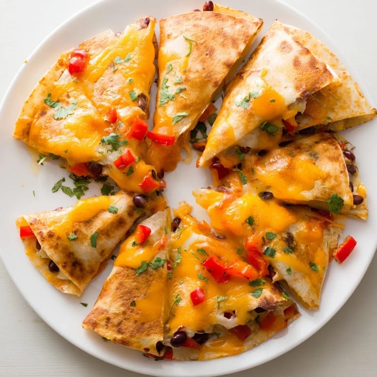 Fresh diced bell peppers and black beans peek through the crispy tortilla triangles of this vegetarian Blooming Quesadilla Ring, garnished with cilantro and lime wedges.  