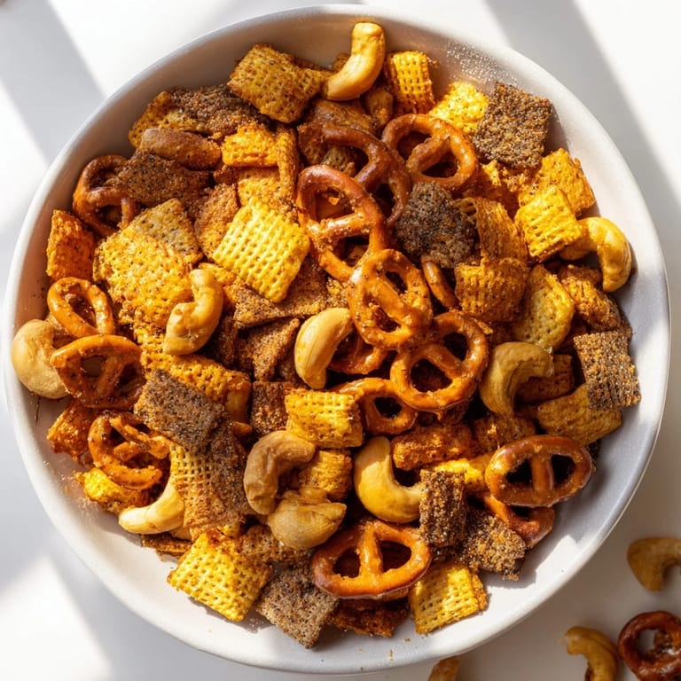 A close-up of Everything Ranch Cheese and Pretzel Snack Mix glistening with melted butter, garlic, and onion powder on a baking sheet.