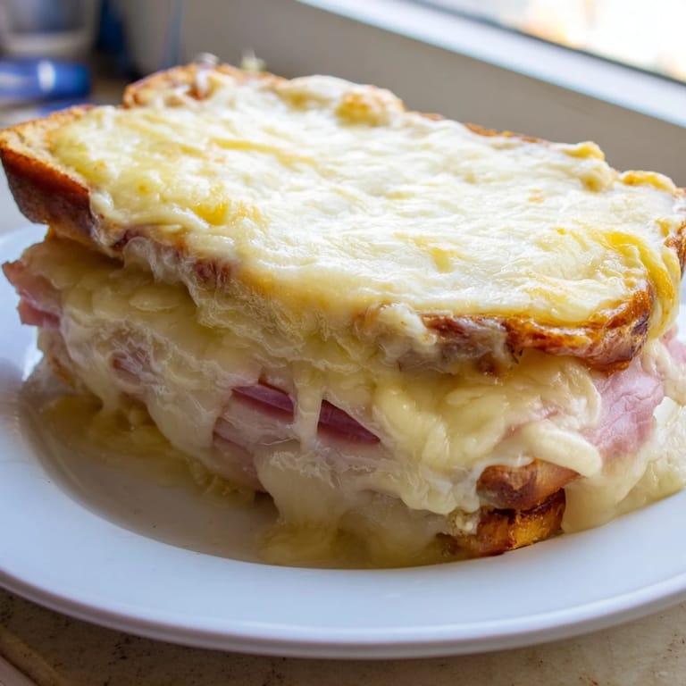 Layers of ham and buttery bread in a rich béchamel sauce for brunch.