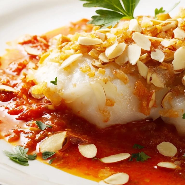 A close-up of Tomato-Roasted Cod fillets flaking easily, coated in a rich tomato sauce and topped with toasted crunchy spiced almonds.