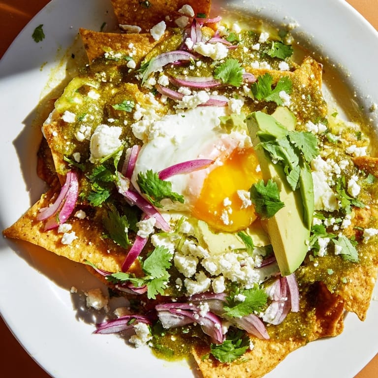 Golden fried eggs and saucy tortilla chips combine for a hearty, easy-to-make chilaquiles recipe with colorful avocado and cheese toppings.