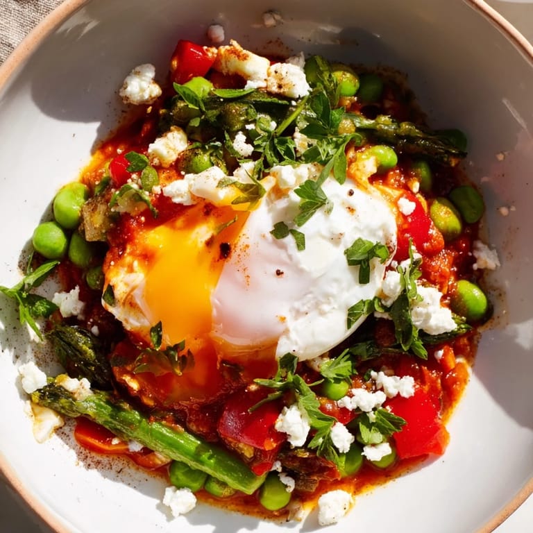 Spring-inspired Pea and Broad Bean Shakshuka, a colorful vegetarian skillet dish with tender asparagus and bright herbs, ready to serve.