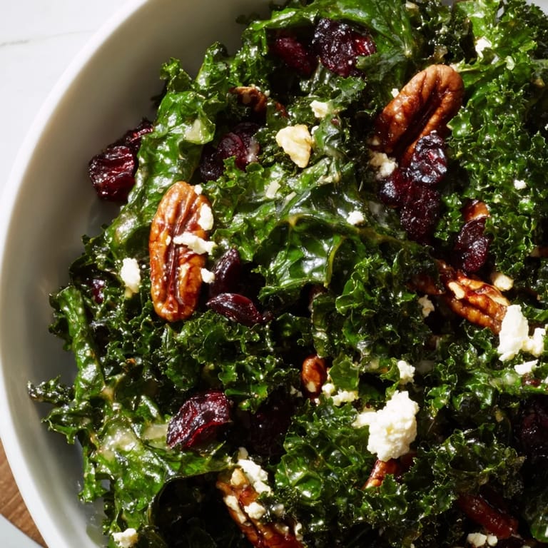 Savory warm kale salad with tangy maple-mustard glaze, feta crumbles, pecans, and cranberries arranged beautifully for a cozy dinner side.