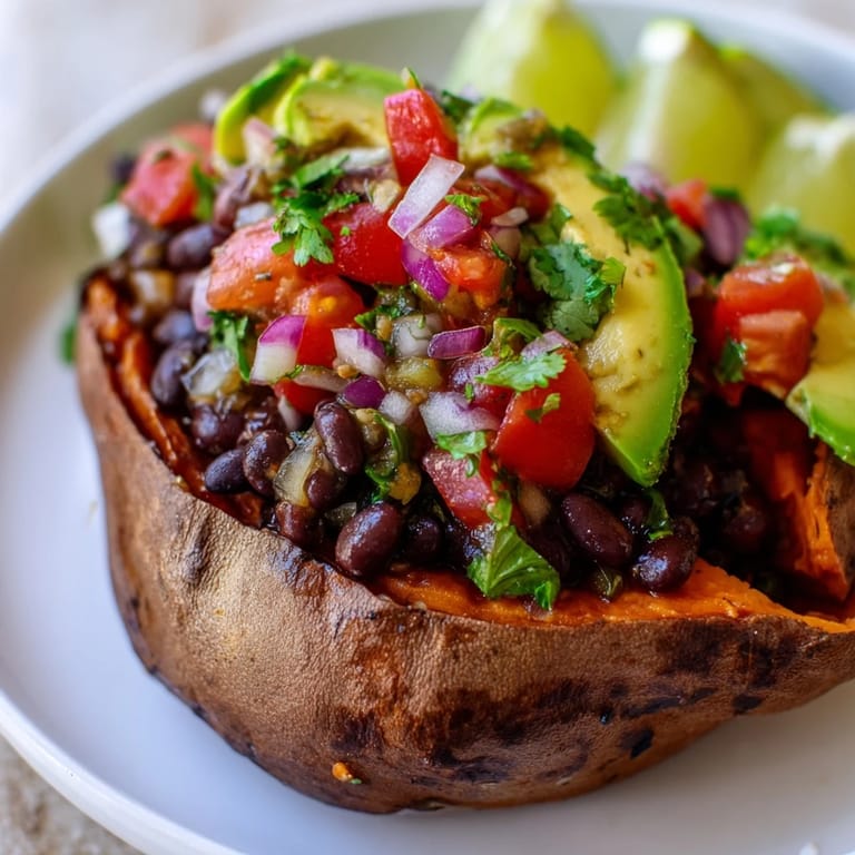 Roasted Sweet Potatoes With Chipotle Black Beans and Zesty Tomato Salsa plated on a rustic table, garnished with lime wedges and avocado, ready for a wholesome vegetarian dinner.