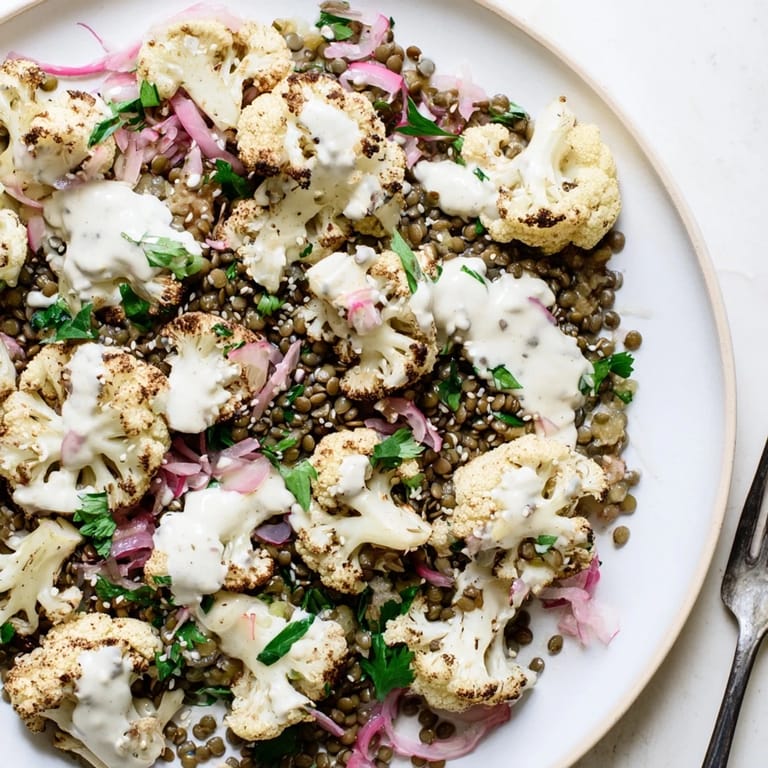 A close-up view of a vibrant vegetarian bowl featuring spiced roasted cauliflower, zesty lemon lentils, and a tangy cumin tahini yogurt drizzle.