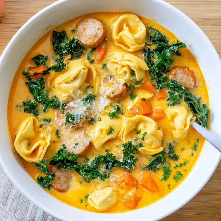 Hearty pumpkin tortellini soup with savory chicken sausage and kale, garnished with Parmesan and parsley.