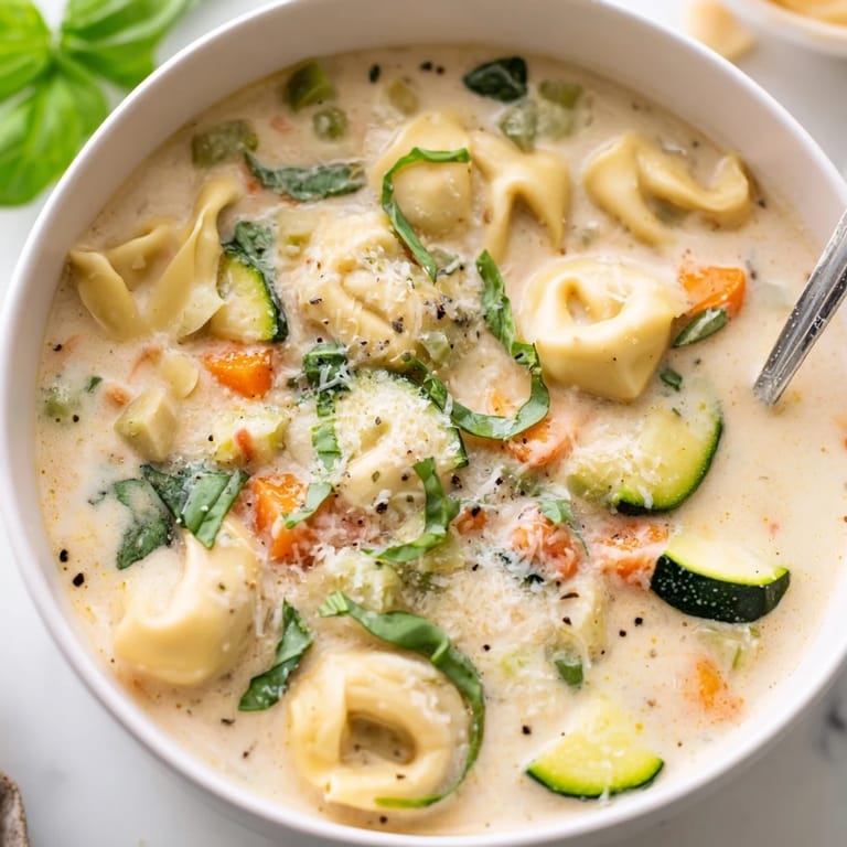 Hearty bowls of creamy vegetable tortellini soup feature wilted spinach and grated Parmesan alongside steaming spoonfuls of broth.