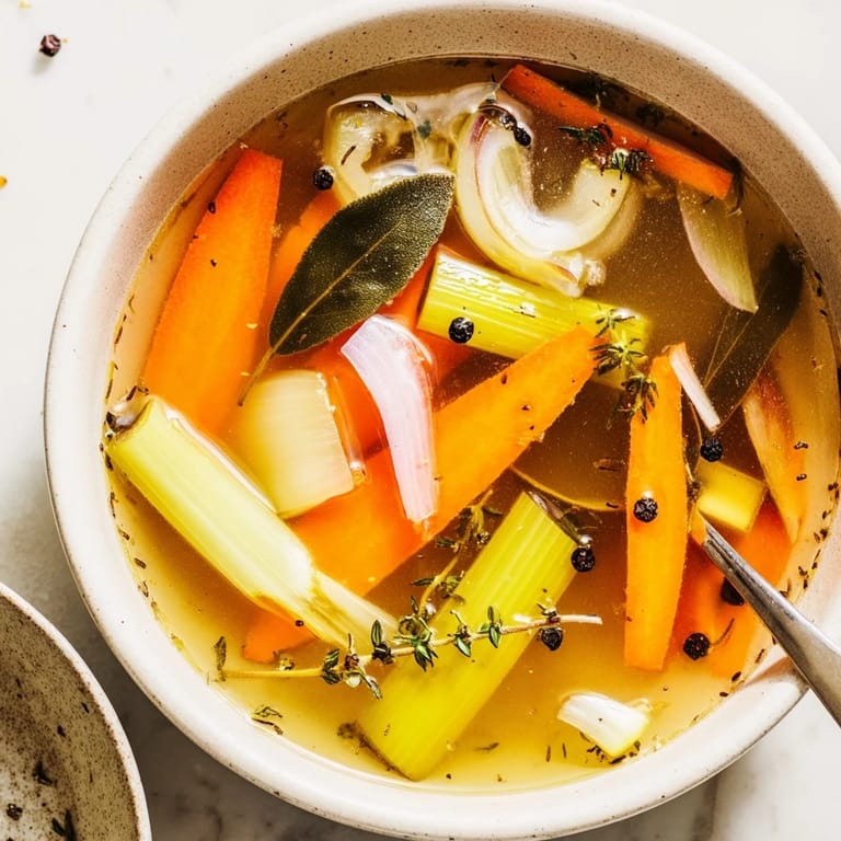 A clear, nutrient-rich Vegetable Broth From Scraps being poured into a glass jar beside fresh herb garnish.  