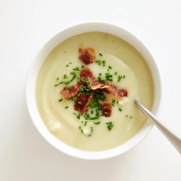 Velvety Creamy Celeriac Soup with Crispy Bacon topped with golden crumbles and a swirl of cream.