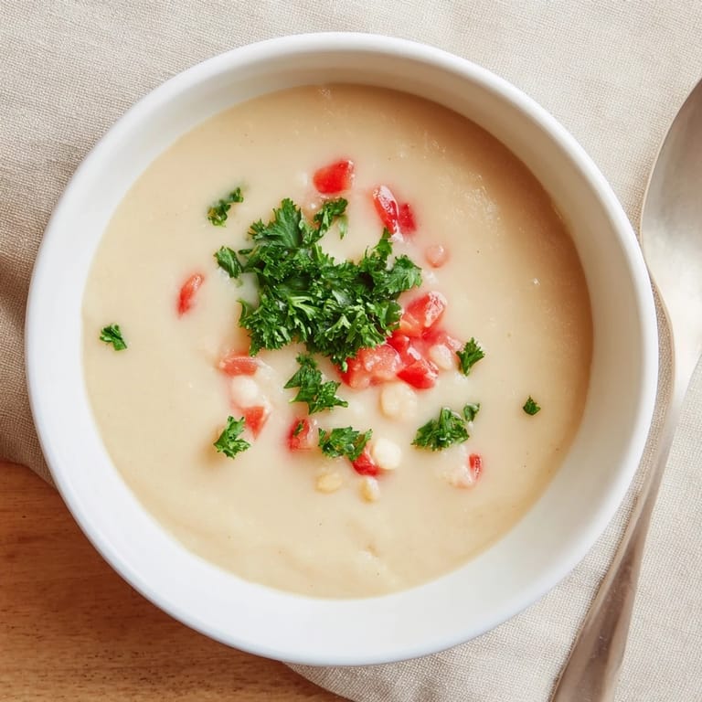 Close-up of velvety White Bean Soup with Tomato, featuring tender beans and diced tomatoes in a rich broth.