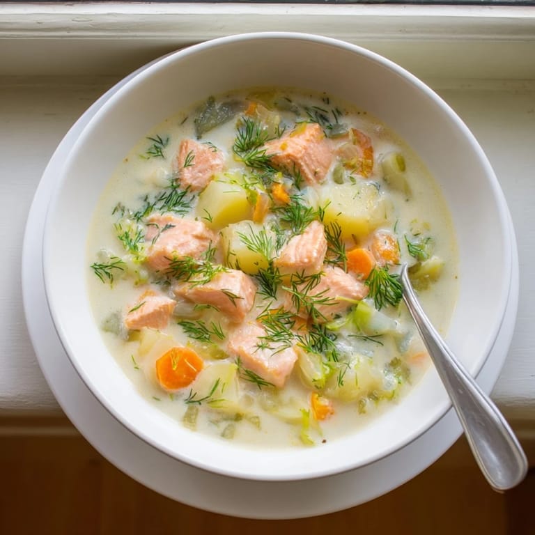 Homemade Finnish Salmon Soup with salmon cubes, carrots, and leeks in a rich, creamy broth.