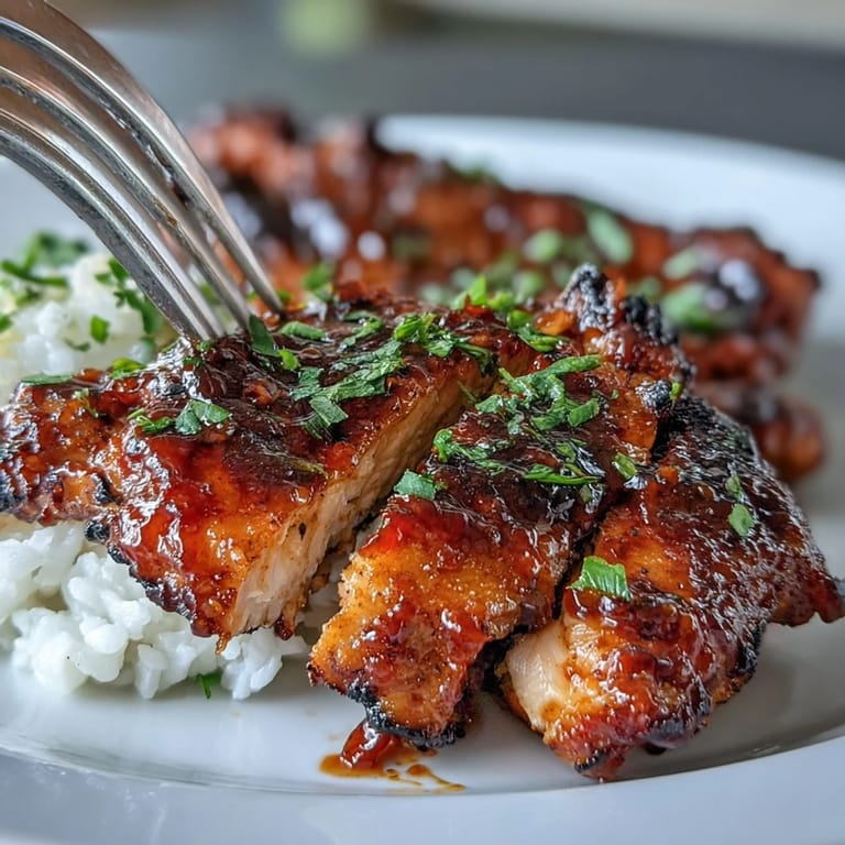 Close-up of tender Spicy Maple Chicken drizzled with pan sauce, served beside aromatic coconut rice with fresh cilantro garnish.