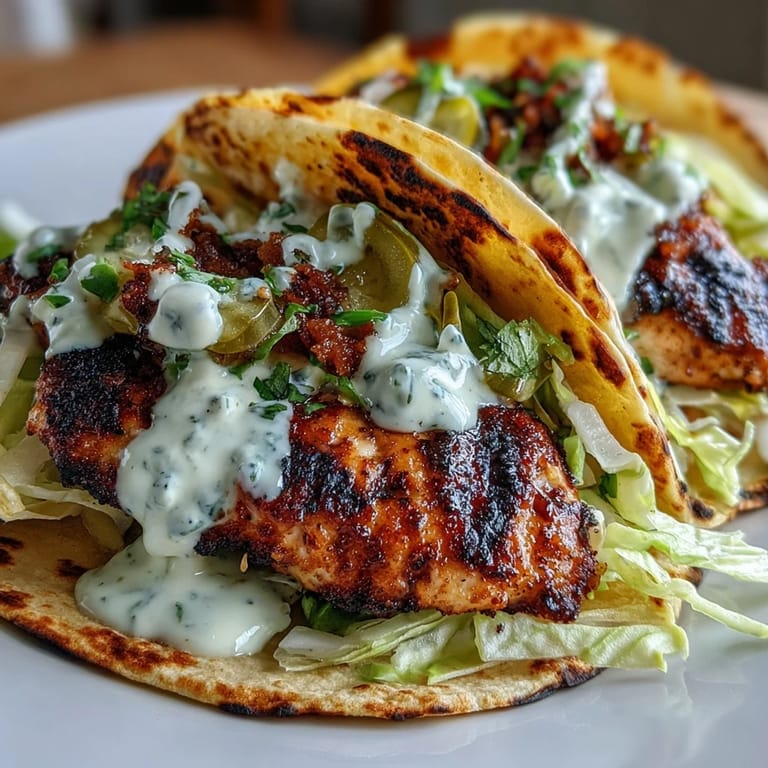 An overhead view of assembled Dill Pickle Ranch Smash Chicken Tacos with a drizzle of creamy ranch sauce.