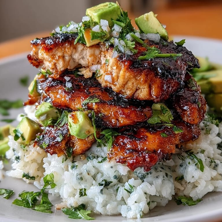 Juicy grilled chicken thighs glazed in honey and lime sit atop fragrant rice and a chunky avocado-cilantro mix in this dinner recipe.