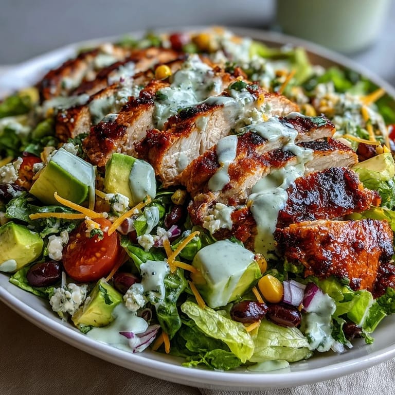 Chopped vegetables and shredded cheddar cheese top this High Protein Southwest Chicken Salad, served chilled in a rustic ceramic bowl.