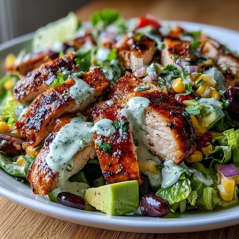 A vibrant High Protein Southwest Chicken Salad tossed with crisp romaine, diced bell peppers, and a zesty lime-cilantro dressing.