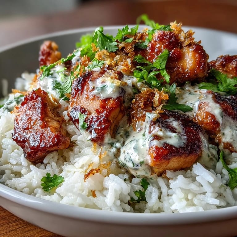 In a shallow bowl, Coconut Chicken Rice Bowl is topped with chopped green onions and cilantro, ready to enjoy.