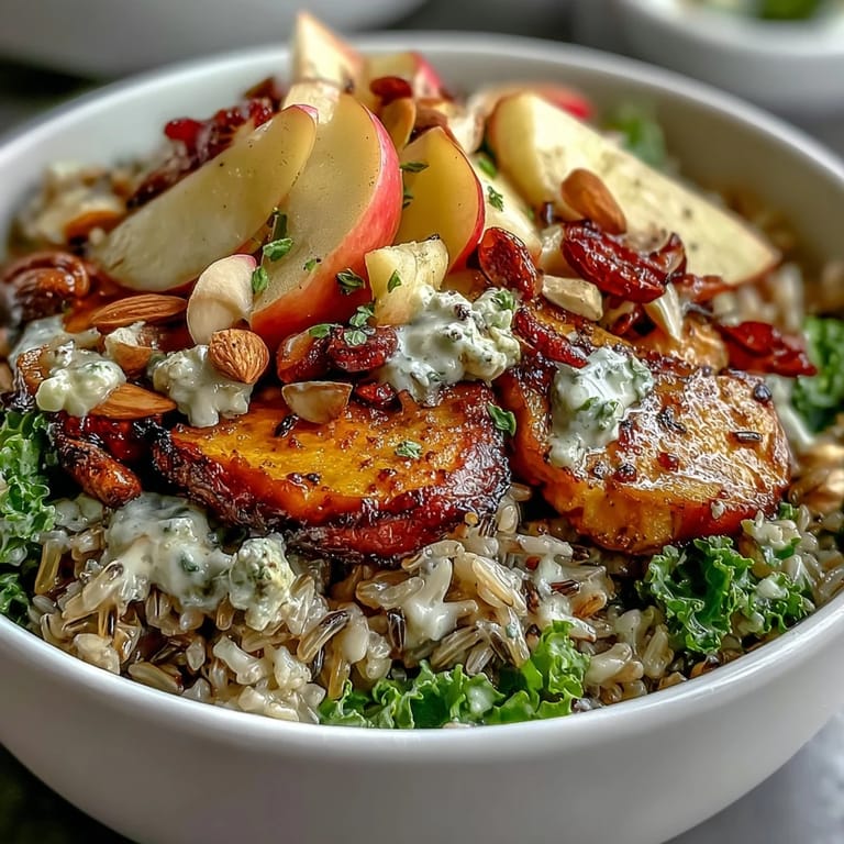 A colorful Harvest Bowl featuring tender chicken, apples, and tangy balsamic dressing.