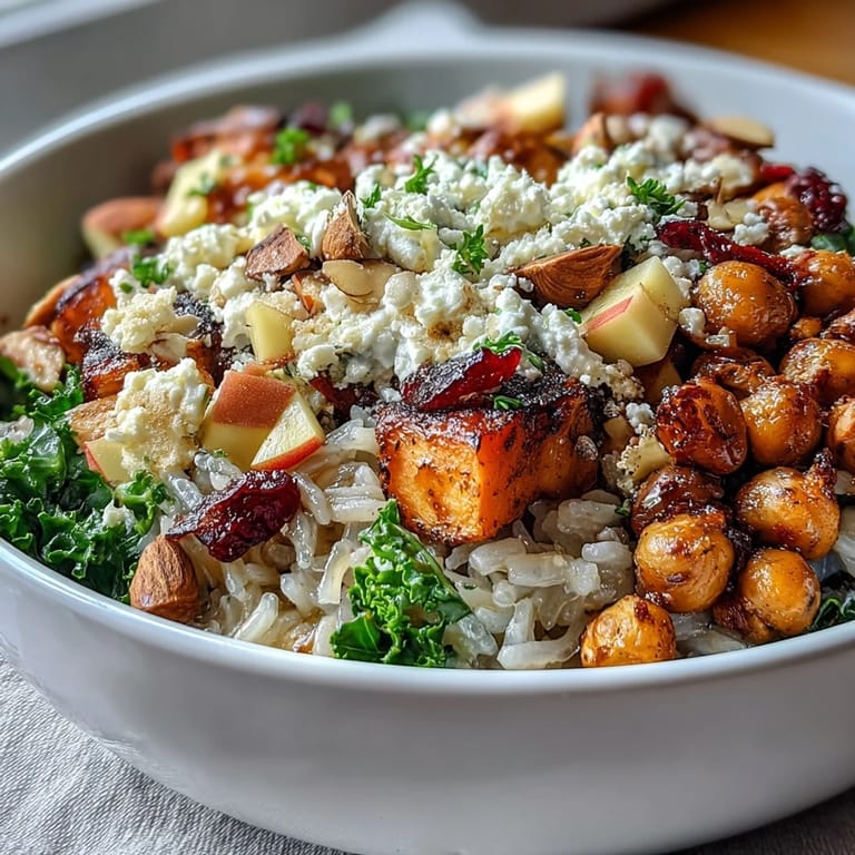 Autumnal Fall Harvest Bowl featuring wild rice, Brussels sprouts, and crunchy almonds.